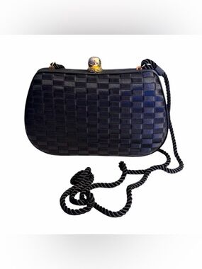 Vintage Neiman Marcus Collection Black Woven Satin Clutch Kiss Lock Evening